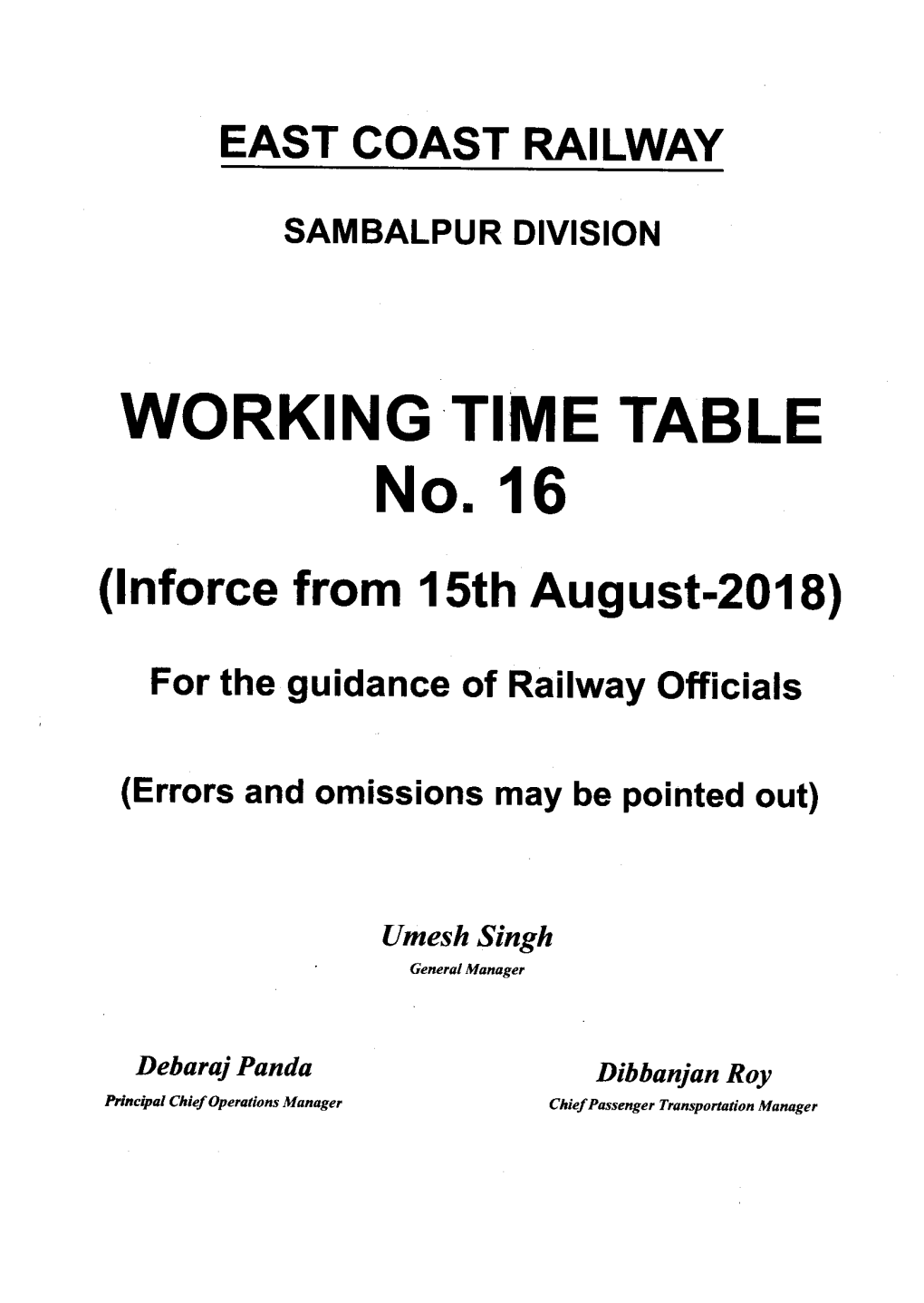 WORKING TIME TABLE No. 16 (Inforce from 15Th August-2018)