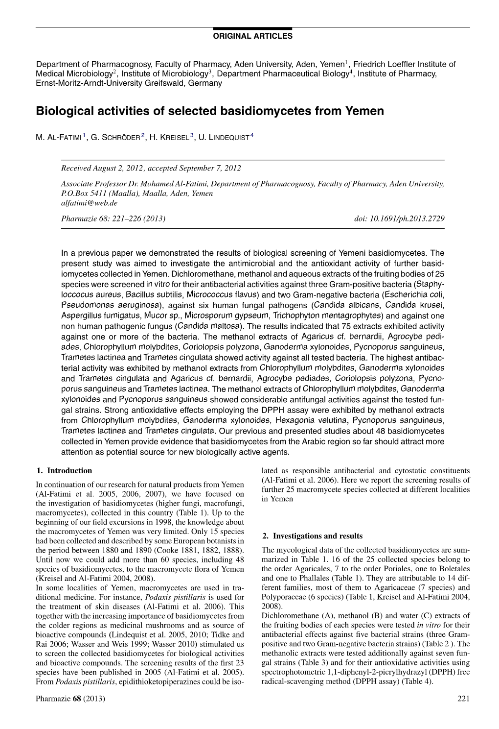 Biological Activities of Selected Basidiomycetes from Yemen