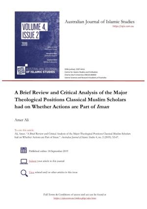 A Brief Review and Critical Analysis of the Major Theological Positions Classical Muslim Scholars Had on Whether Actions Are Part of Iman