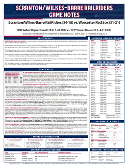 Scranton/Wilkes-Barre Railriders Game Notes Scranton/Wilkes-Barre Railriders (34-15) Vs