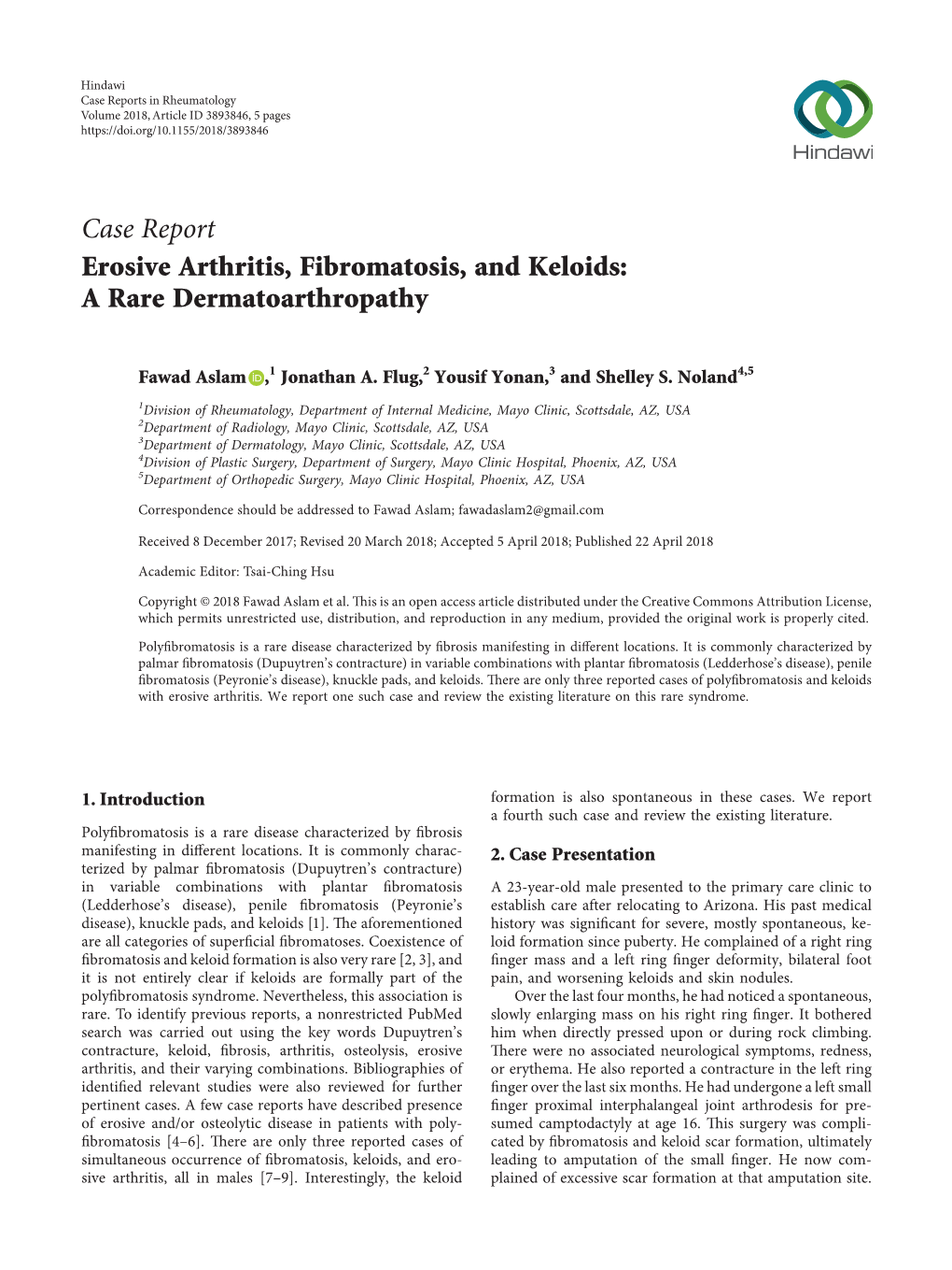 Case Report Erosive Arthritis, Fibromatosis, and Keloids: a Rare Dermatoarthropathy