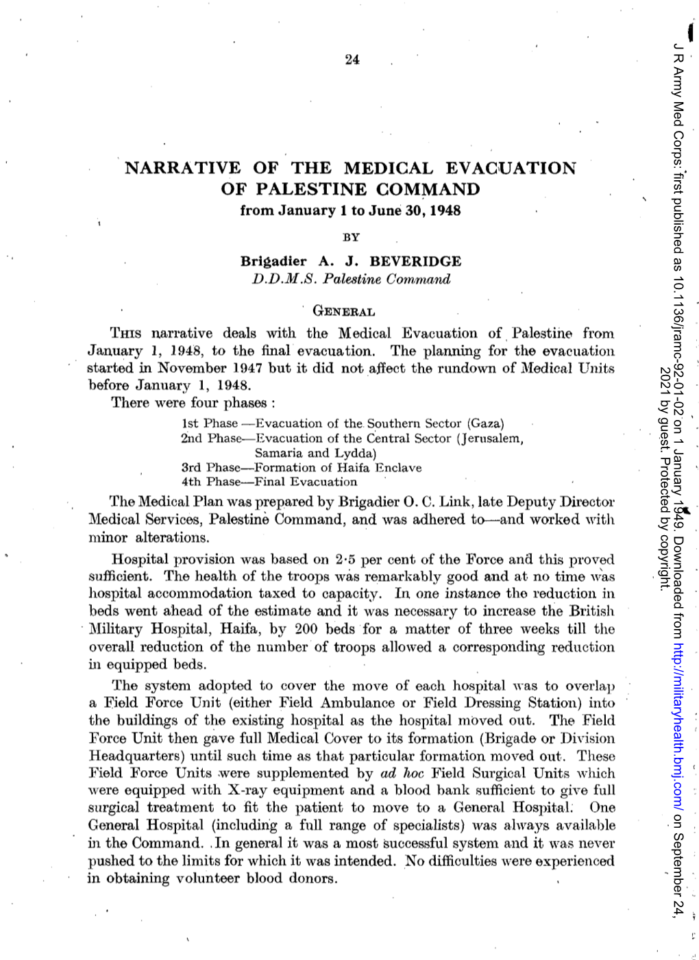 NARRATIVE of the MEDICAL EVACUATION of PALESTINE COMMAND from January 1 to June 30,1948