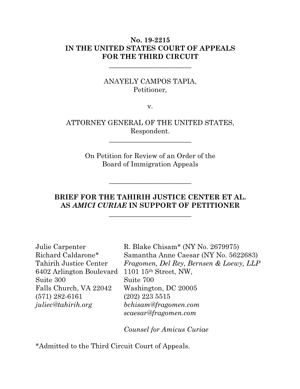 No. 19-2215 in the UNITED STATES COURT of APPEALS for the THIRD CIRCUIT ______