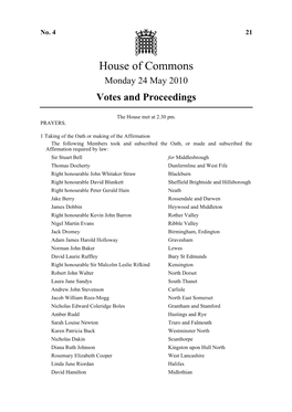 House of Commons Monday 24 May 2010 Votes and Proceedings