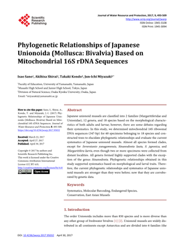 Phylogenetic Relationships of Japanese Unionoida (Mollusca: Bivalvia) Based on Mitochondrial 16S Rdna Sequences