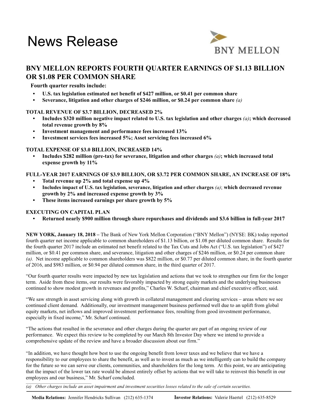BNY Mellon Financial Results 4Q 2017 Press Release
