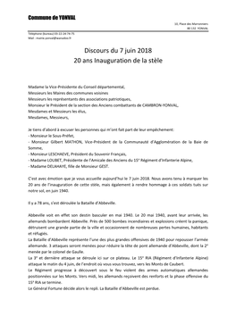 Discours Du 7 Juin 2018 20 Ans Inauguration De La Stèle