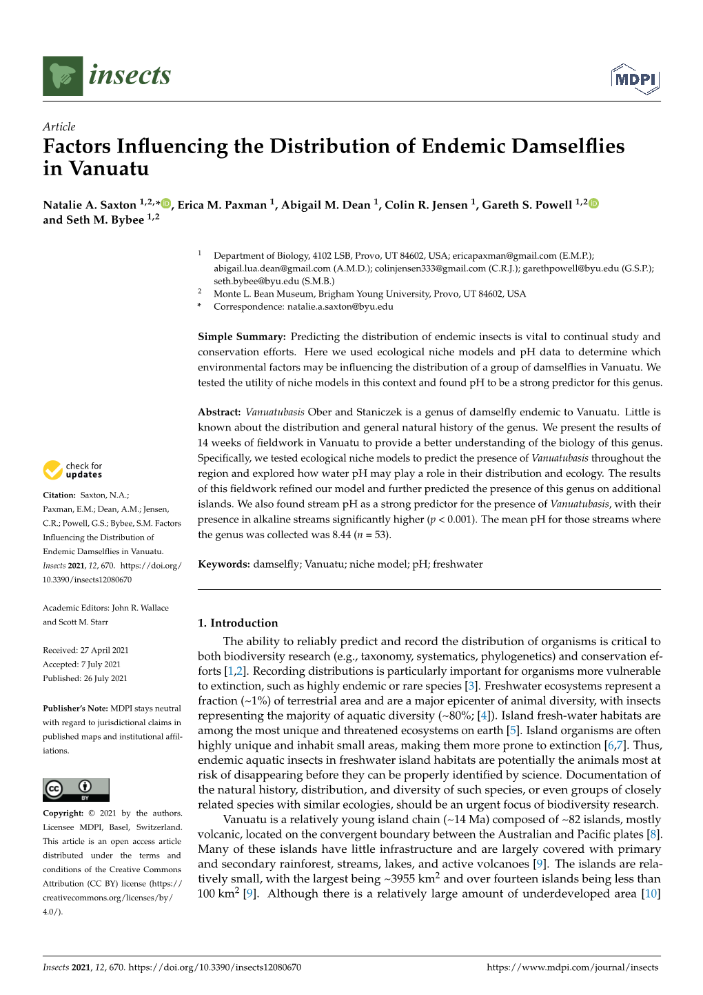 Factors Influencing the Distribution of Endemic Damselflies in Vanuatu