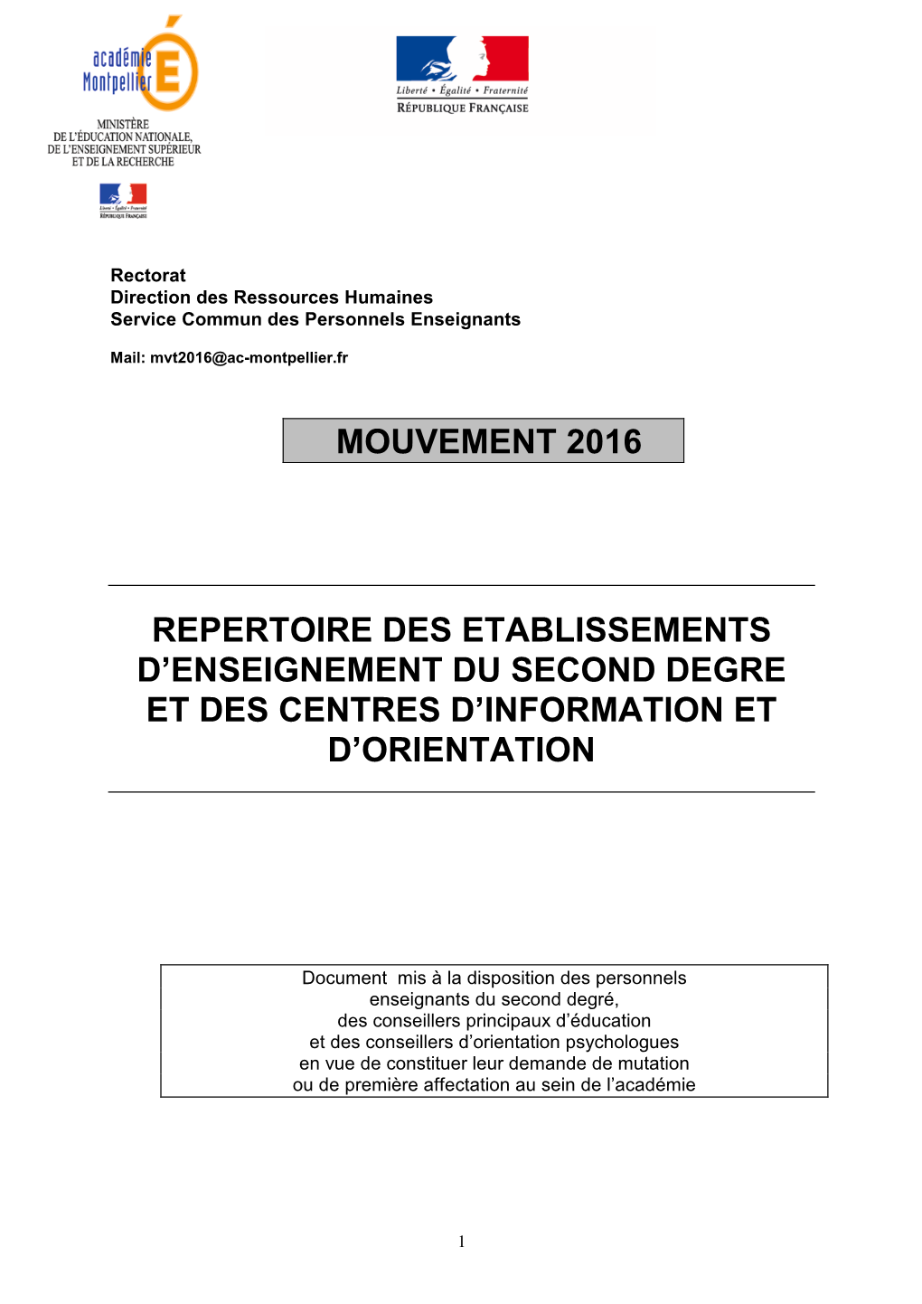 Mouvement 2016 Repertoire Des Etablissements D'enseignement Du Second Degre Et Des Centres D'information Et D'orientation