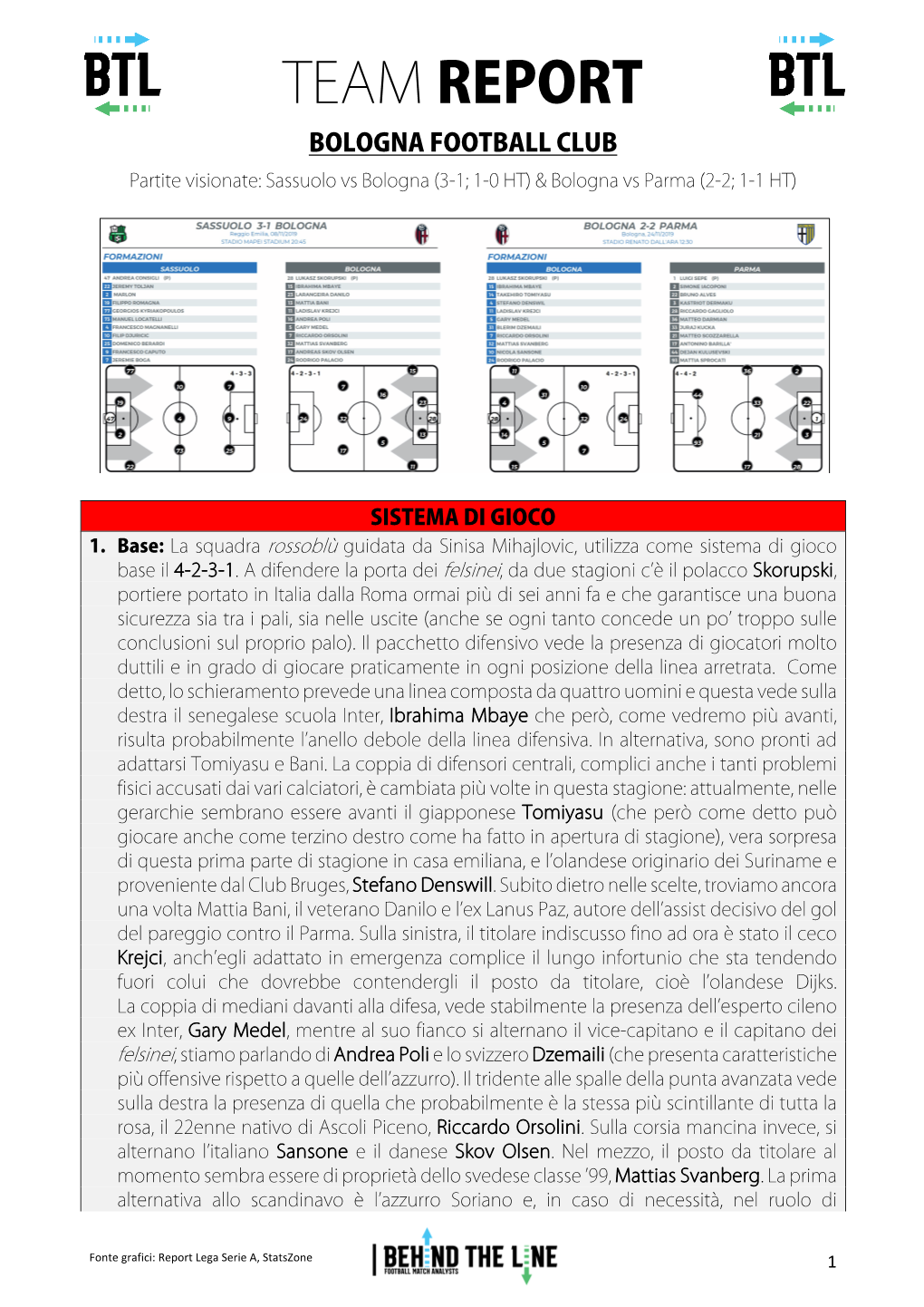 TEAM REPORT BOLOGNA FOOTBALL CLUB Partite Visionate: Sassuolo Vs Bologna (3-1; 1-0 HT) & Bologna Vs Parma (2-2; 1-1 HT)