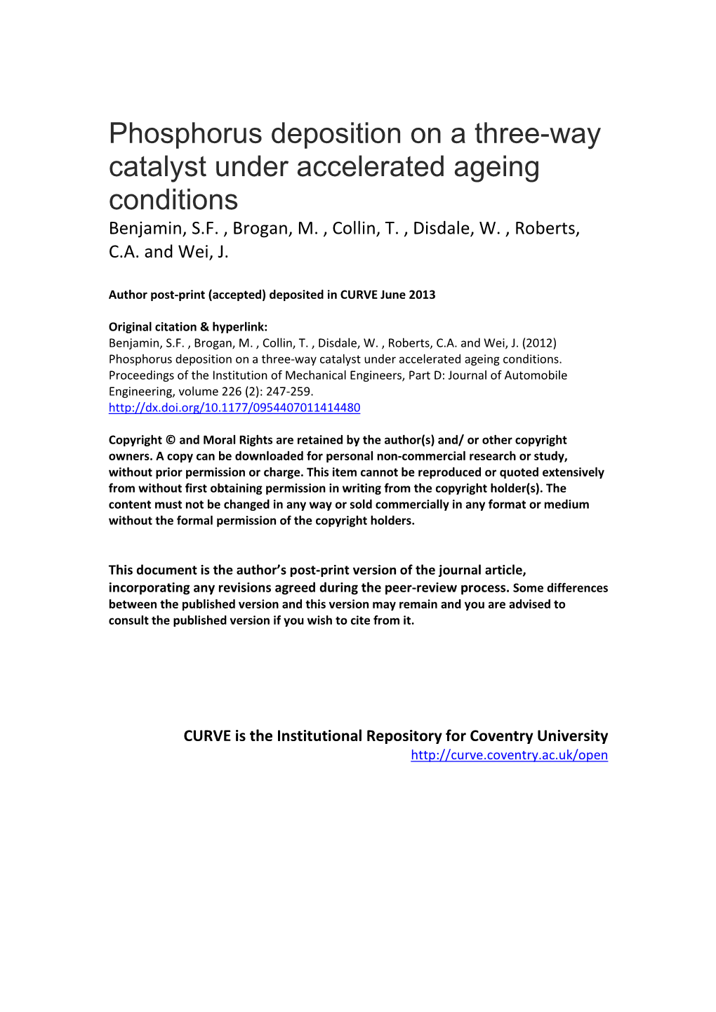 Phosphorus Deposition on a Three-Way Catalyst Under Accelerated Ageing Conditions Benjamin, S.F