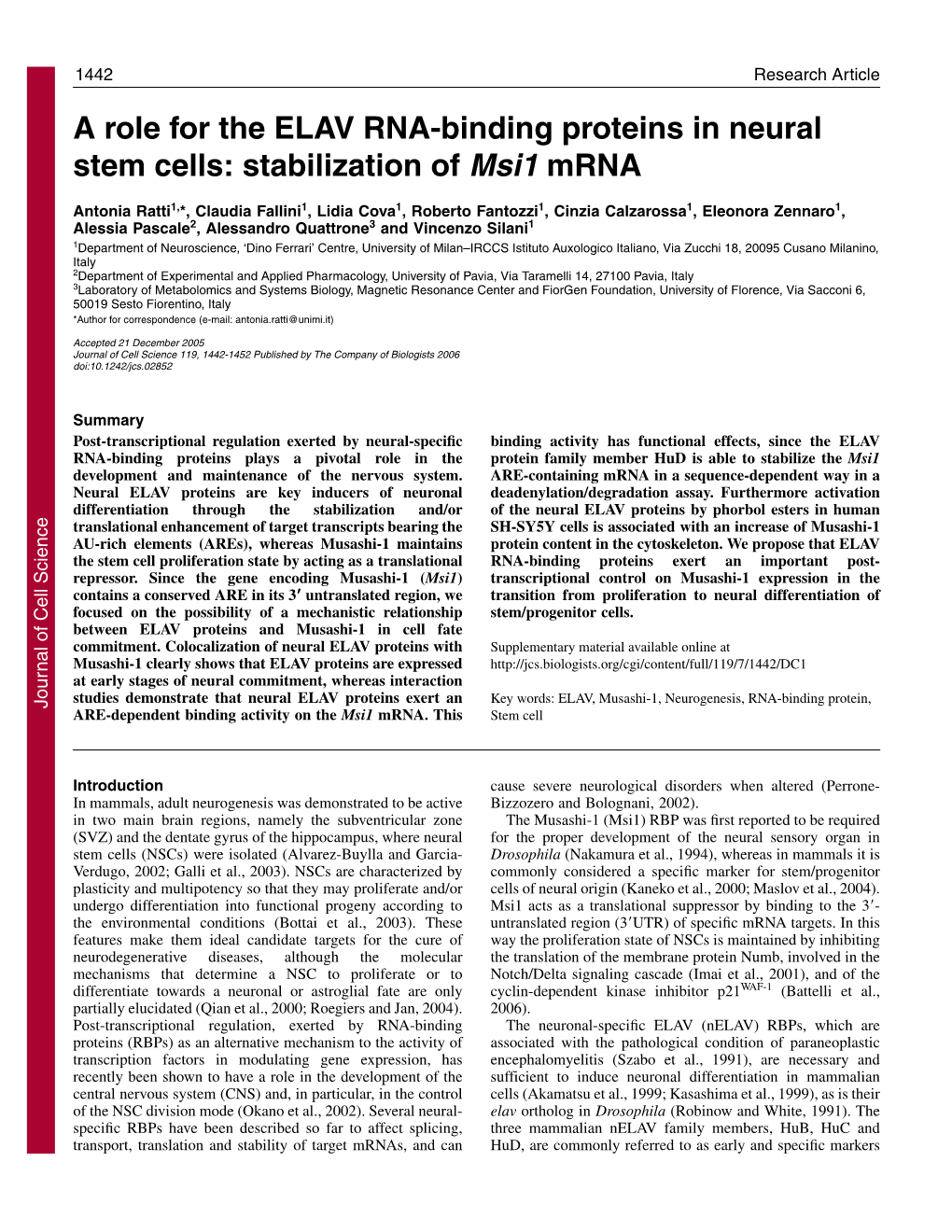 A Role for the ELAV RNA-Binding Proteins in Neural Stem Cells: Stabilization of Msi1 Mrna