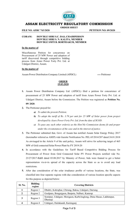 Assam Electricity Regulatory Commission Order Sheet File No