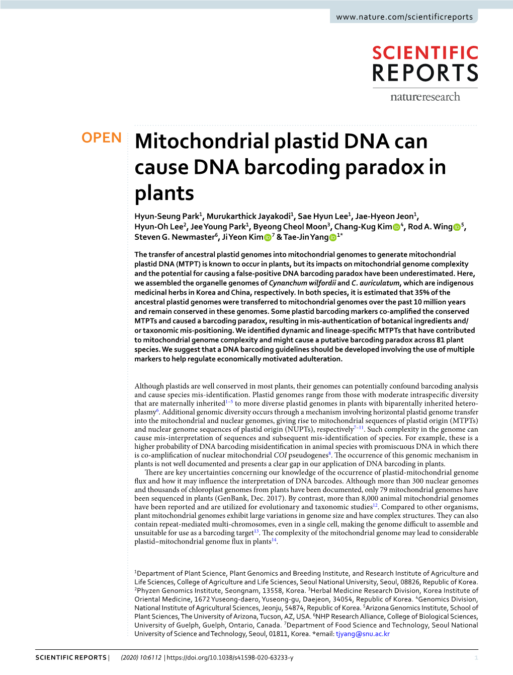Mitochondrial Plastid DNA Can Cause DNA Barcoding Paradox in Plants