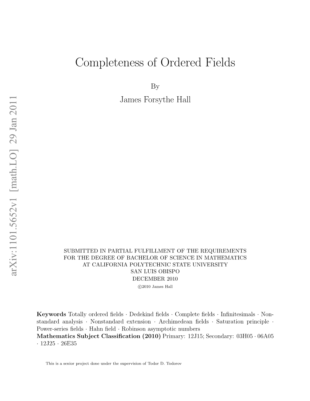 Completeness of Ordered Fields