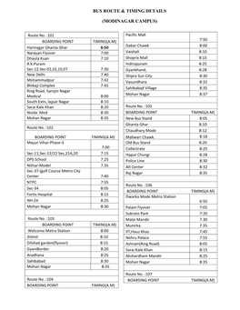 Bus Route & Timing Details (Modinagar Campus)