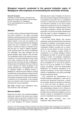 Biological Research Conducted in the General Andasibe Region of Madagascar with Emphasis on Enumerating the Local Biotic Diversity