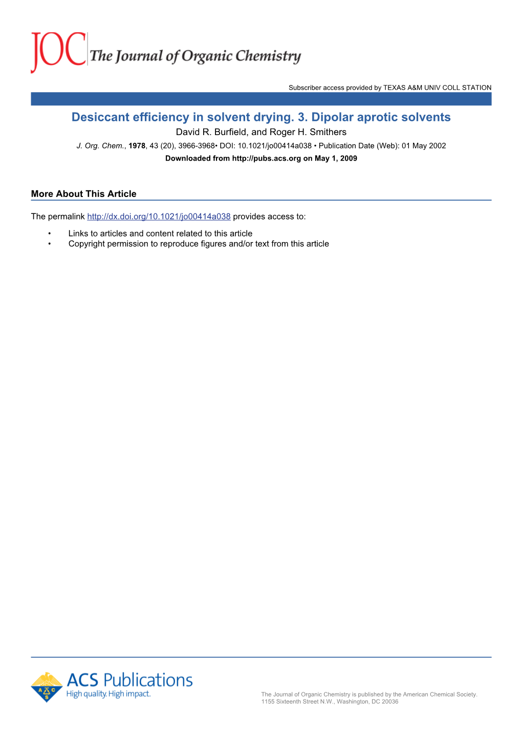 Desiccant Efficiency in Solvent Drying. 3. Dipolar Aprotic Solvents David R