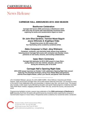 CARNEGIE HALL ANNOUNCES 2019–2020 SEASON Beethoven