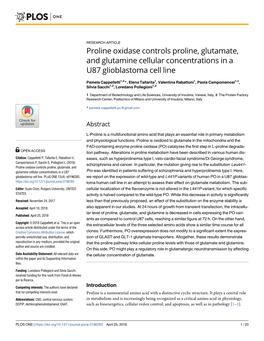 Proline Oxidase Controls Proline, Glutamate, and Glutamine Cellular Concentrations in a U87 Glioblastoma Cell Line
