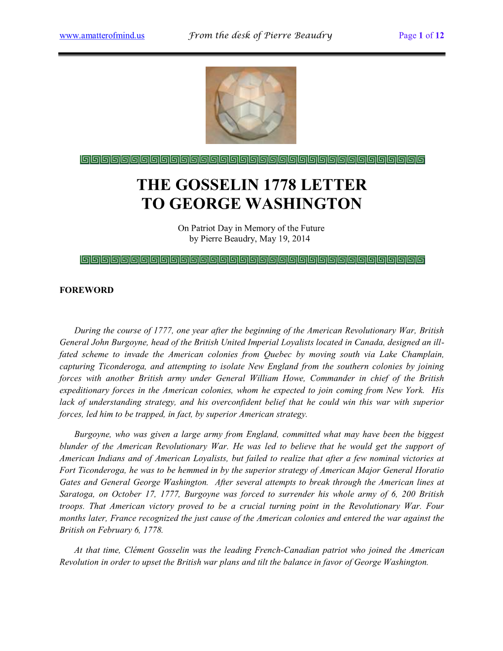 The Gosselin 1778 Letter to George Washington