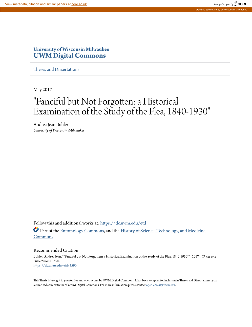 "Fanciful but Not Forgotten: a Historical Examination of the Study of the Flea, 1840-1930" Andrea Jean Buhler University of Wisconsin-Milwaukee