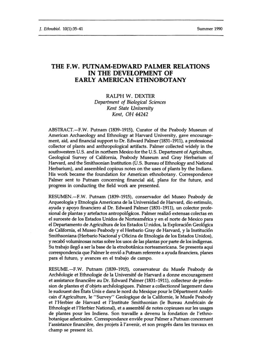 The F.W. Putnam-Edward Palmer Relations in the Development of Early American Ethnobotany