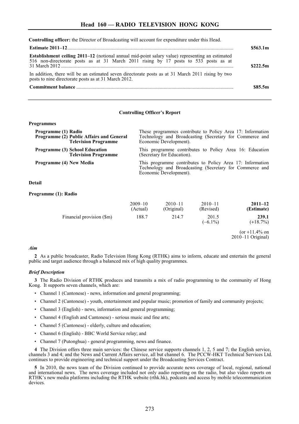 Head 160 — RADIO TELEVISION HONG KONG