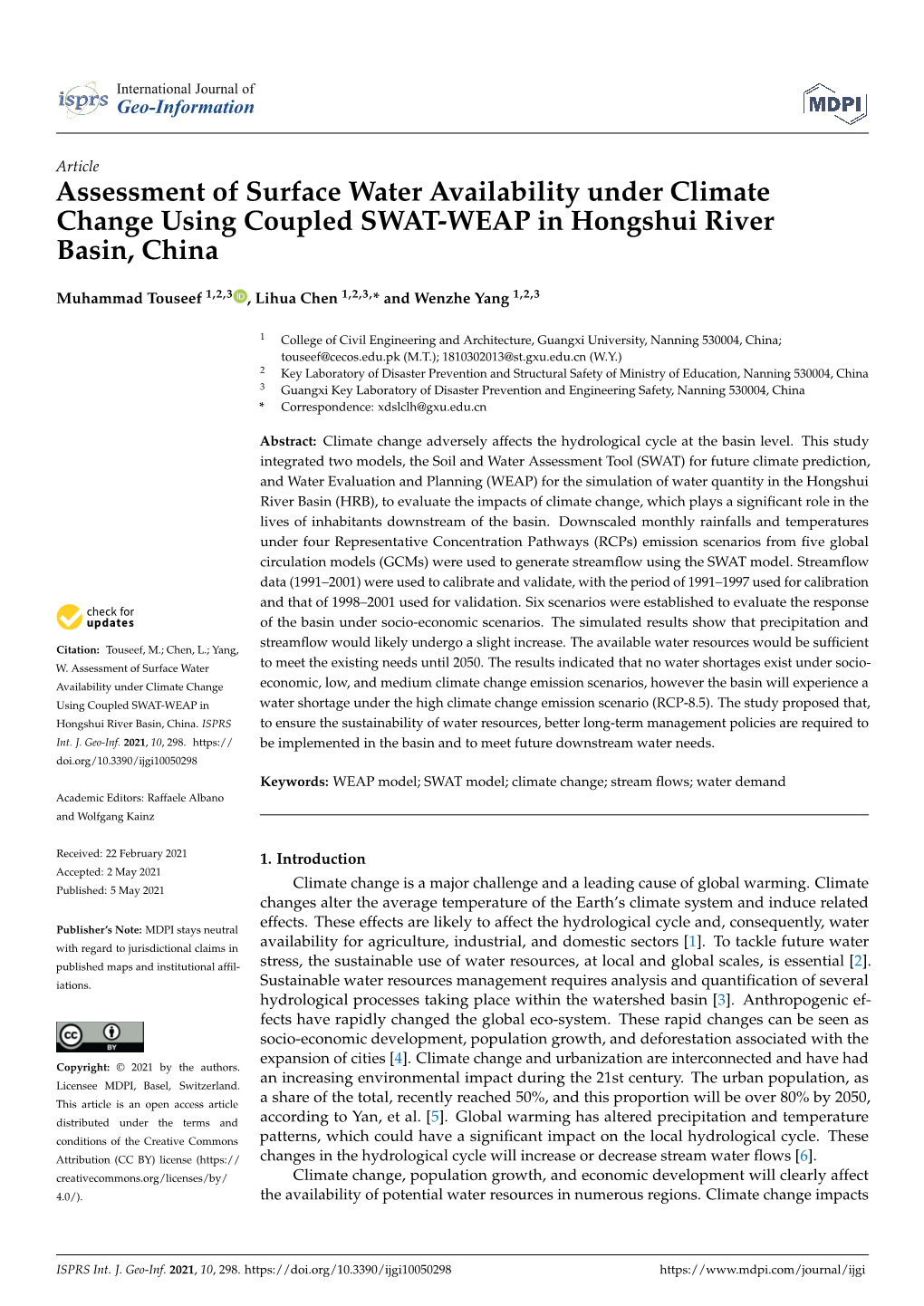 Assessment of Surface Water Availability Under Climate Change Using Coupled SWAT-WEAP in Hongshui River Basin, China