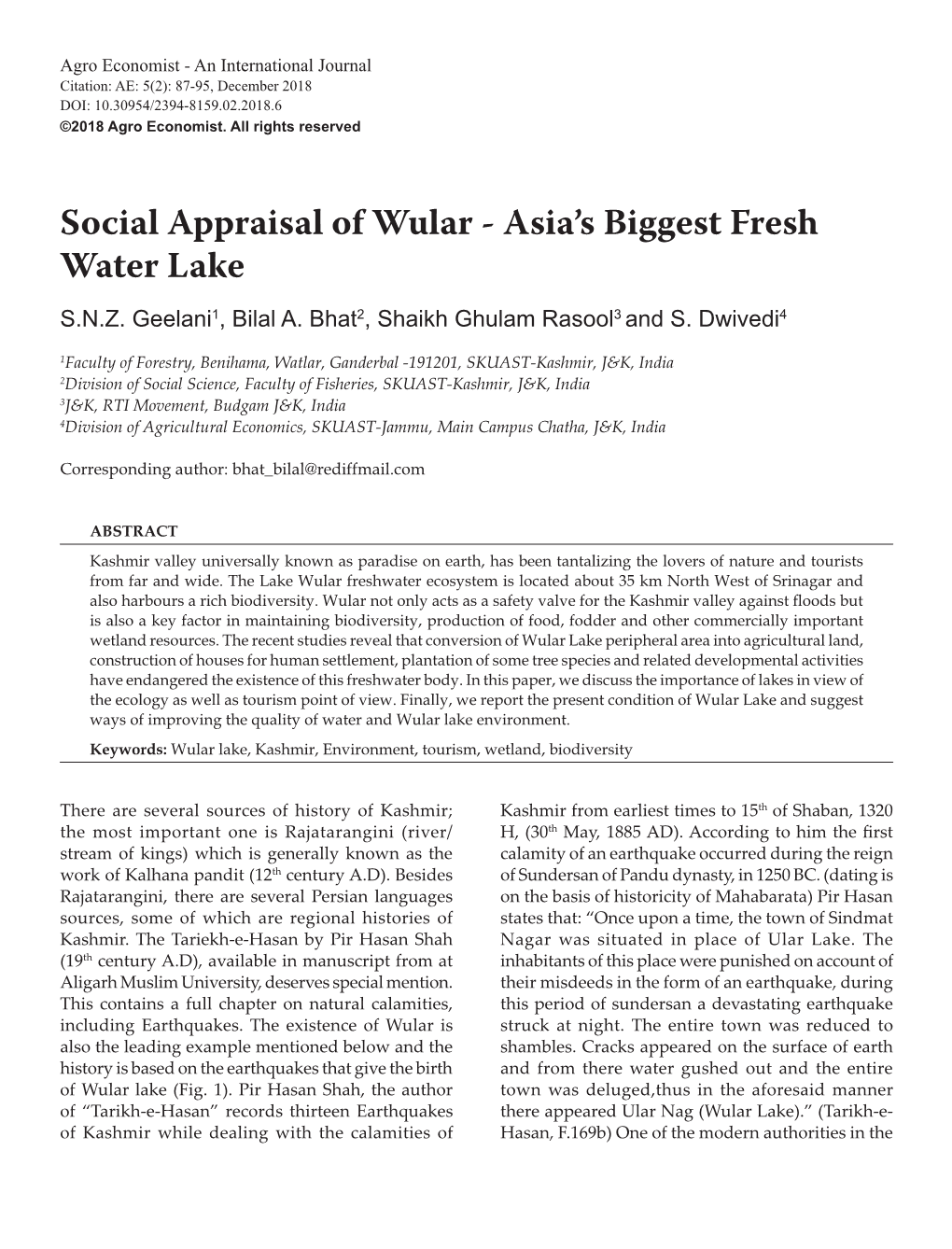 Social Appraisal of Wular - Asia’S Biggest Fresh Water Lake S.N.Z