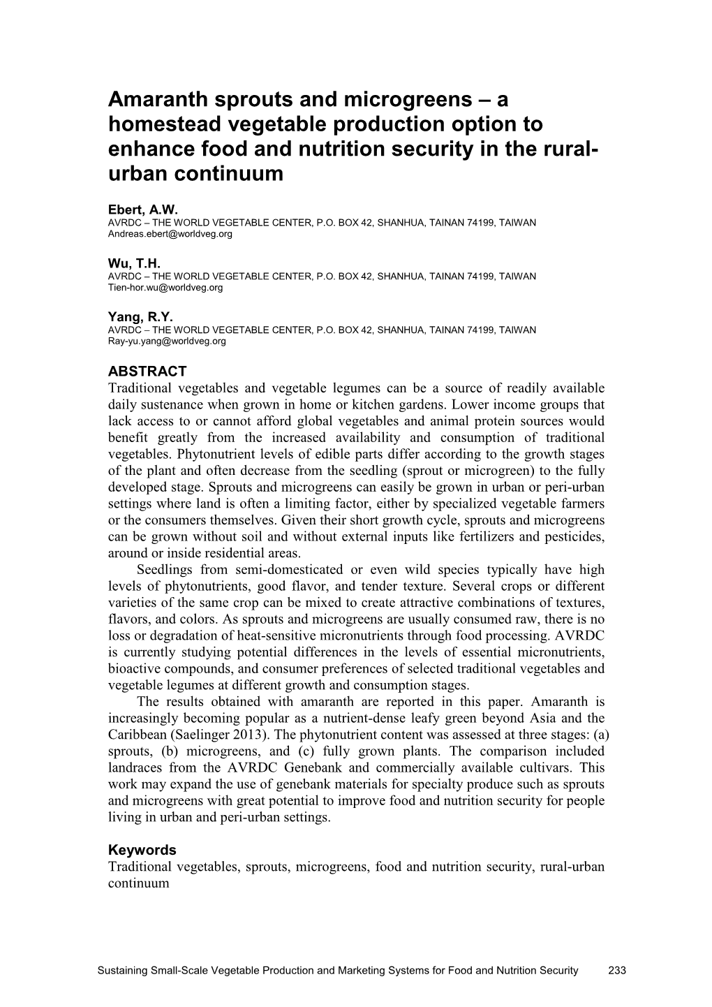 Amaranth Sprouts and Microgreens – a Homestead Vegetable Production Option to Enhance Food and Nutrition Security in the Rural- Urban Continuum