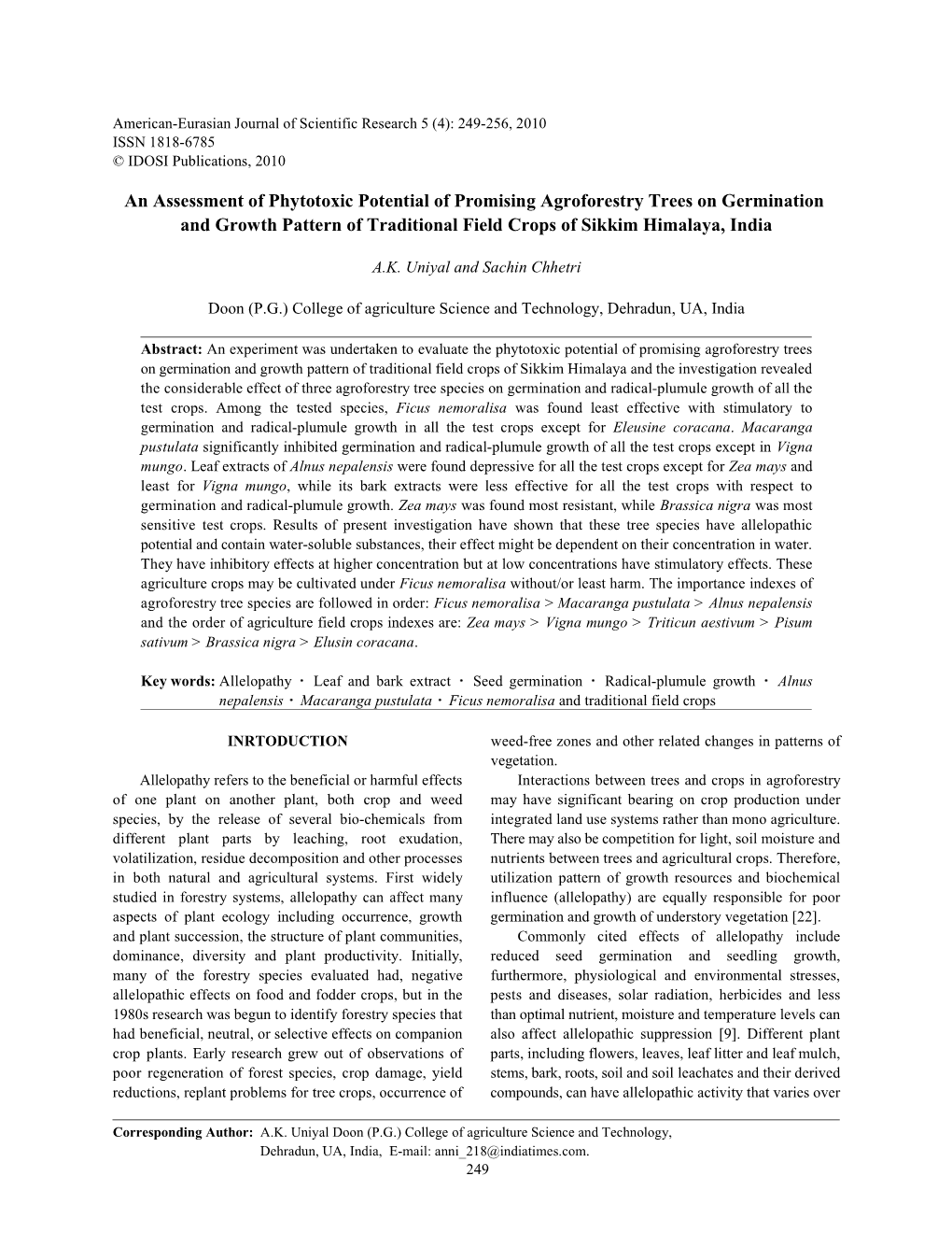 An Assessment of Phytotoxic Potential of Promising Agroforestry Trees on Germination and Growth Pattern of Traditional Field Crops of Sikkim Himalaya, India