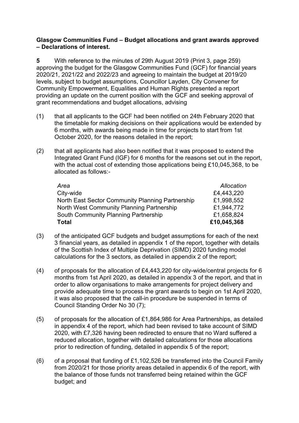 Glasgow Communities Fund – Budget Allocations and Grant Awards Approved – Declarations of Interest. 5 with Reference To