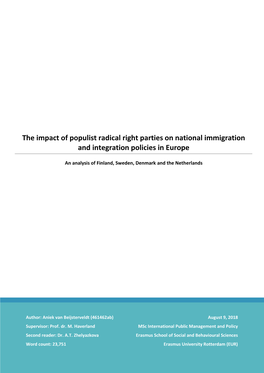 The Impact of Populist Radical Right Parties on National Immigration and Integration Policies in Europe an Analysis of Finland, Sweden, Denmark and the Netherlands