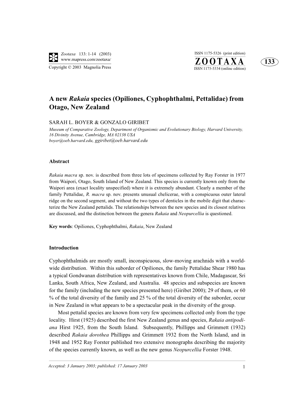 Zootaxa 133: 1-14 (2003) ISSN 1175-5326 (Print Edition) ZOOTAXA 133 Copyright © 2003 Magnolia Press ISSN 1175-5334 (Online Edition)