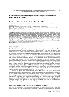 Hydrological Process Change with Air Temperature Over the Lena Basin in Siberia