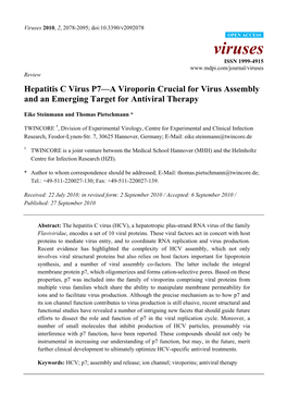 Hepatitis C Virus P7—A Viroporin Crucial for Virus Assembly and an Emerging Target for Antiviral Therapy