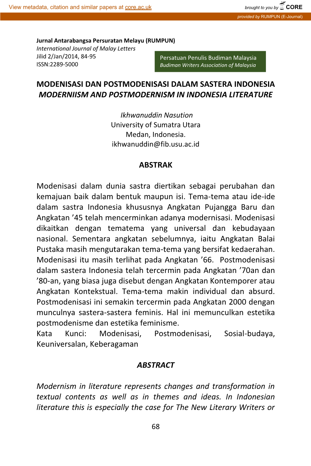 Modenisasi Dan Postmodenisasi Dalam Sastera Indonesia Moderniism and Postmodernism in Indonesia Literature