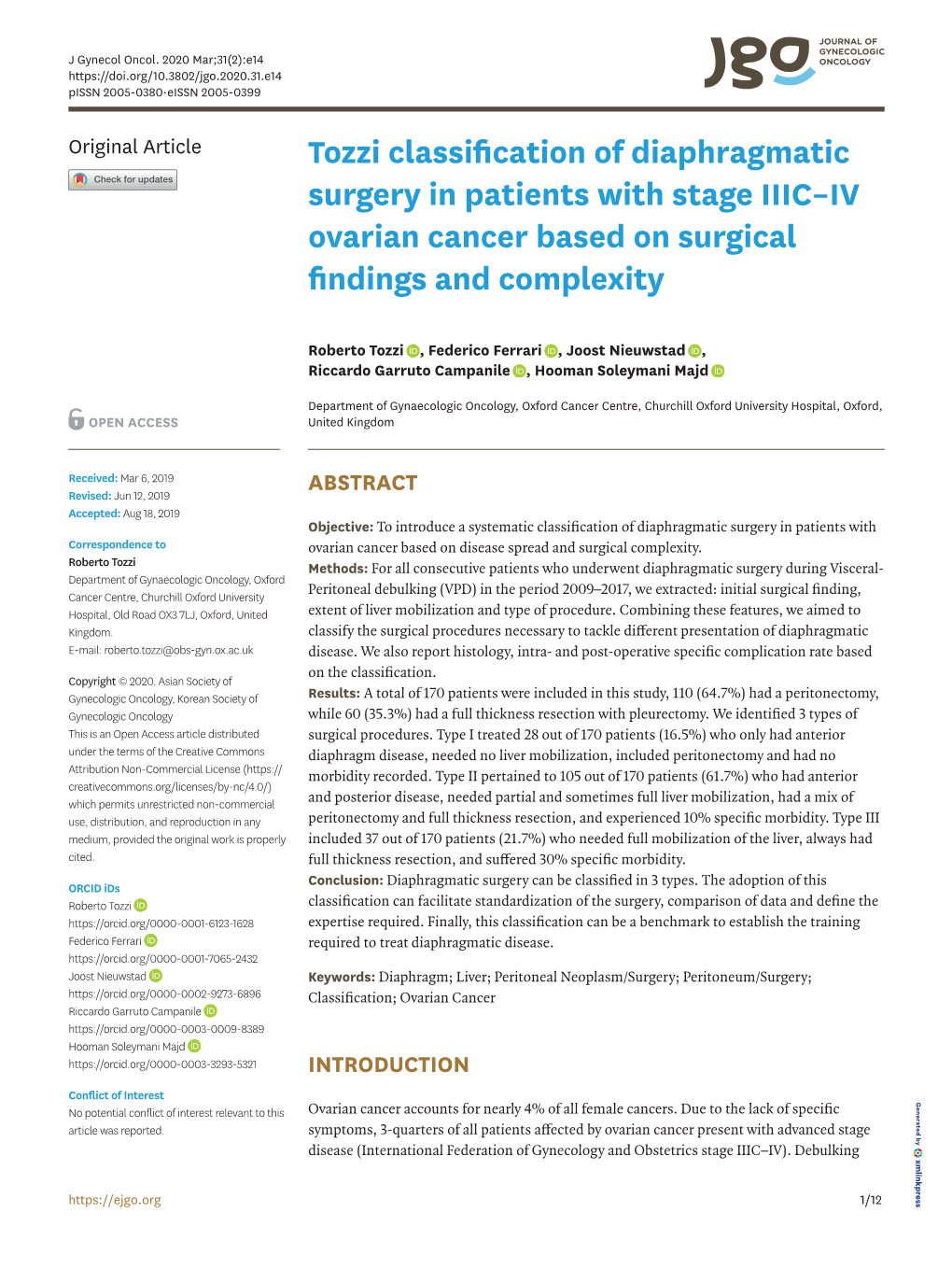 Tozzi Classification of Diaphragmatic Surgery in Patients with Stage IIIC–IV Ovarian Cancer Based on Surgical Findings and Complexity