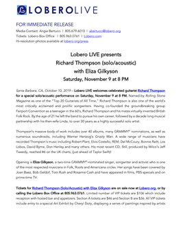 Lobero LIVE Presents Richard Thompson (Solo/Acoustic) with Eliza Gilkyson Saturday, November 9 at 8 PM