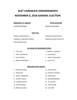 Blet Candidate Endorsements November 6, 2018 General Election