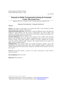 Demand on Public Transportation During the Economic Crisis: the Greek Case Submitted 19/10/20, 1St Revision 12/11/20, 2Nd Revision 30/11/20, Accepted 20/12/20