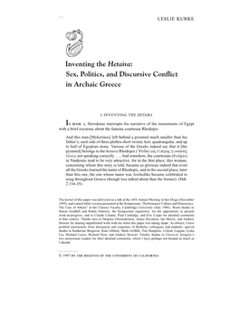 Inventing the Hetaira: Sex, Politics, and Discursive Conflict in Archaic Greece