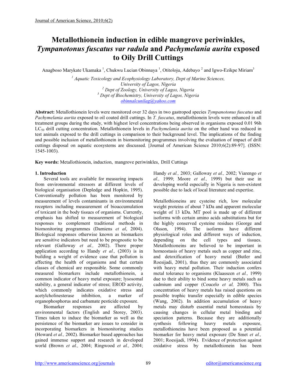 Metallothionein Induction in Edible Mangrove Periwinkles, Tympanotonus Fuscatus Var Radula and Pachymelania Aurita Exposed to Oily Drill Cuttings