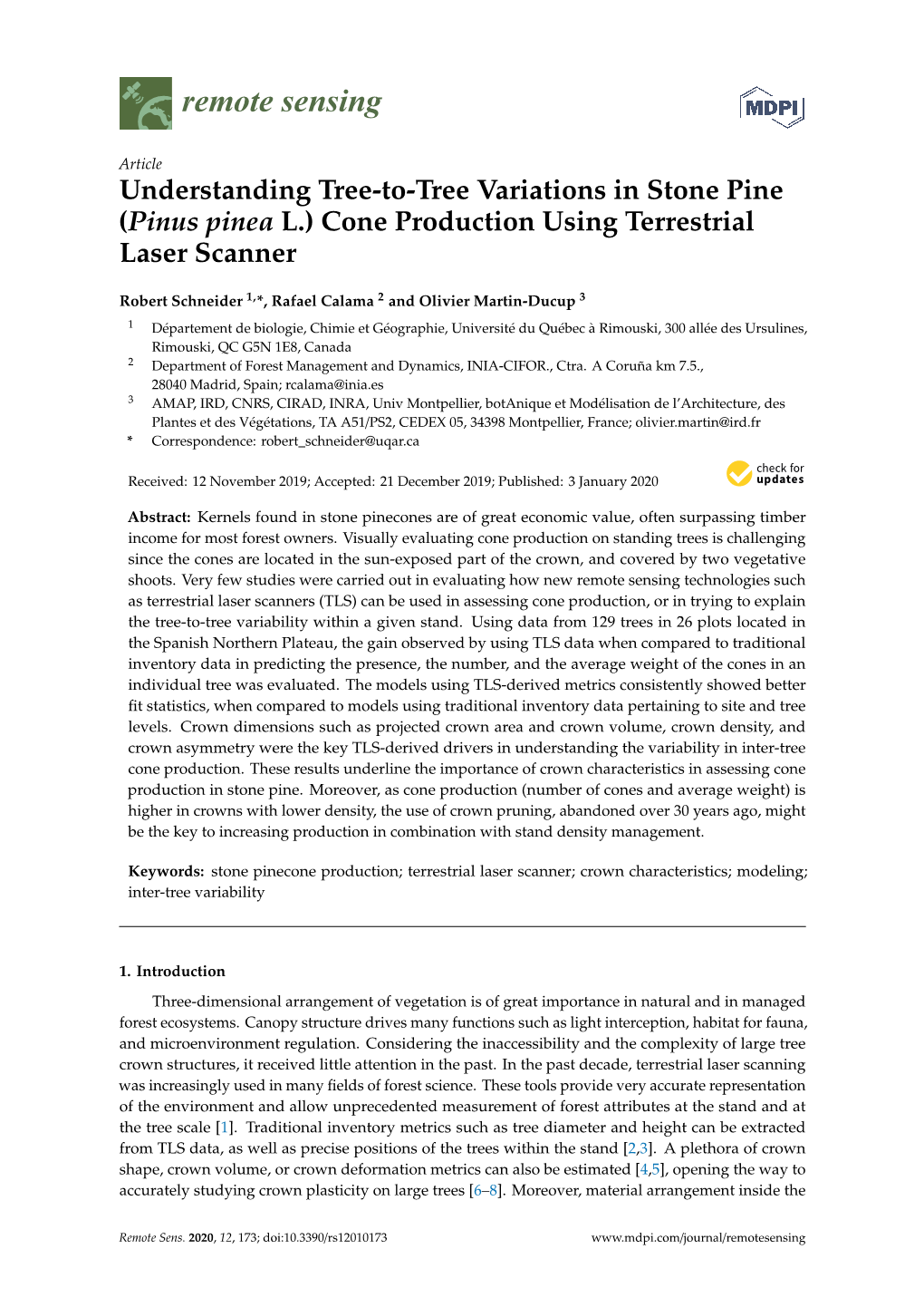 Understanding Tree-To-Tree Variations in Stone Pine (Pinus Pinea L.) Cone Production Using Terrestrial Laser Scanner