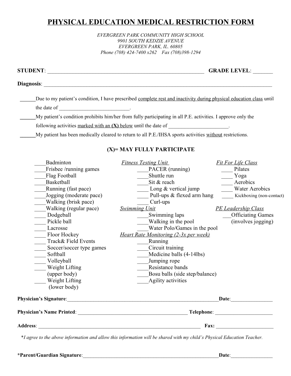 Physical Education Medical Restriction Form