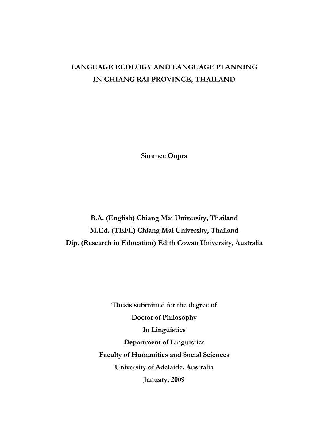 Language Ecology and Language Planning in Chiang Rai Province, Thailand