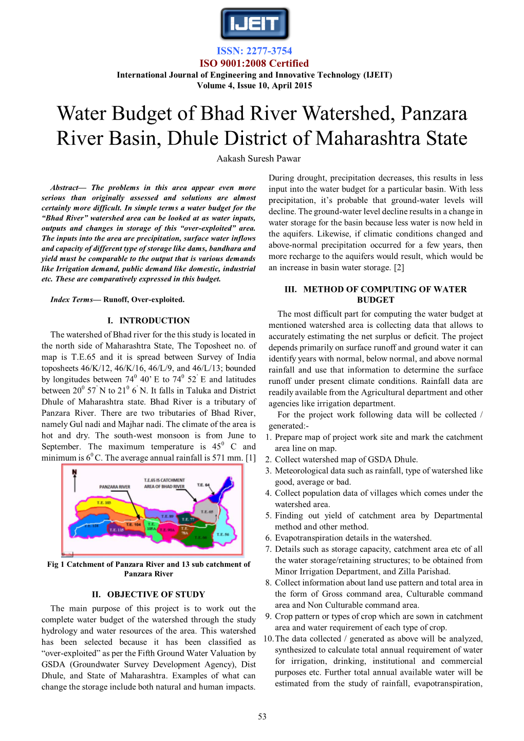 Water Budget of Bhad River Watershed, Panzara River Basin, Dhule ...