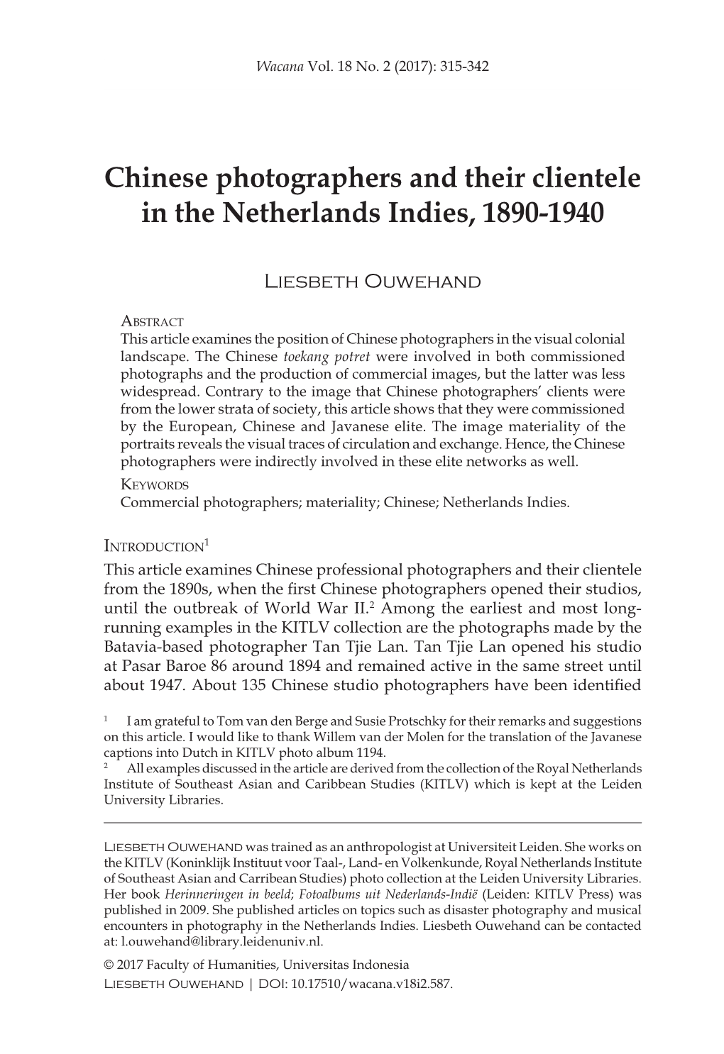 Chinese Photographers and Their Clientele in the Netherlands Indies, 1890-1940