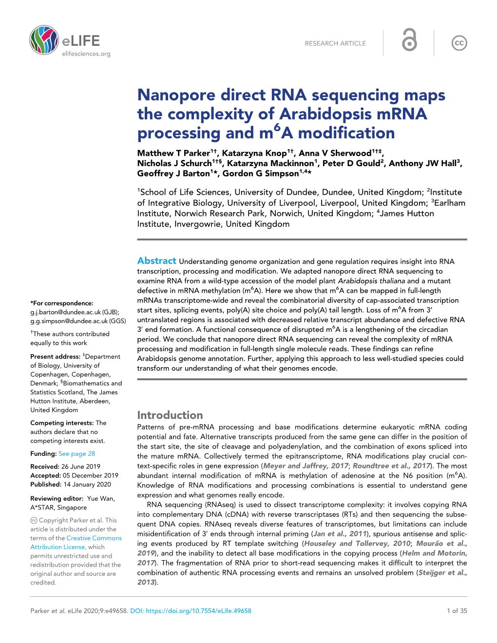 Nanopore Direct RNA Sequencing Maps the Complexity of Arabidopsis Mrna Processing and M a Modification